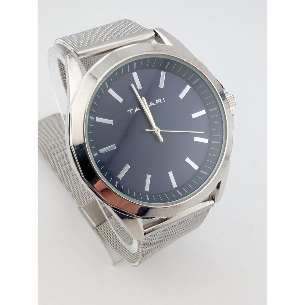 Tahari Watch Men 45mm Case Blue Dial Mesh Metal Adjustable Band- New Battery